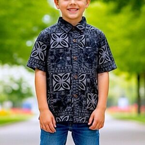 Tonoa Button Up Shirt Black Gray Hawaii Tribal Pattern Boy Size 10